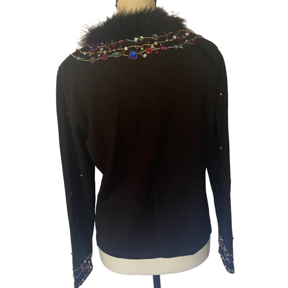Jack B Quick vintage embellished button down black cardigan w/ faux fur collar - Picture 4 of 12